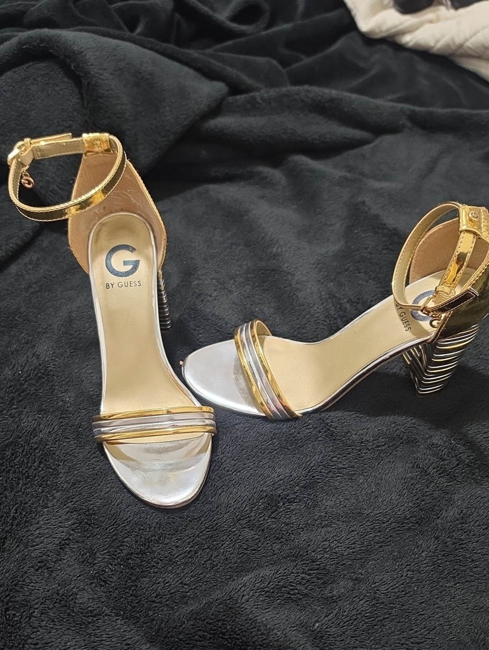 G by Guess Metallic Gold and Silver Strappy Ankle-Heel Sandals